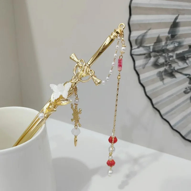 2025 New Chinese Style Sword Hair Sticks for Women Tassel Beads Chignon Pin Pearl Metal Leaves Hairpin Headdress Hair Accessorie