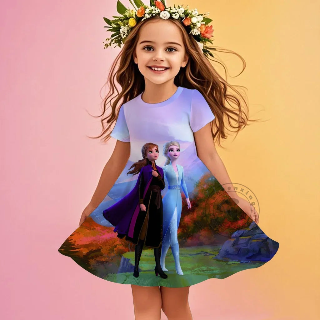 2025 Children Short-Sleeved Dress Cute Princess Series Elsa 3D Print Skirt Summer Baby Girl Clothes Original Brand Clothing