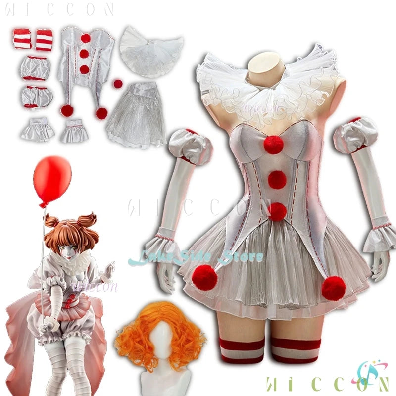 Halloween Movie Clown Pennywise Dress Cosplay Costume Wig Genderswap Horror Scary Sexy Dress Up Women Carnival Party Outfit