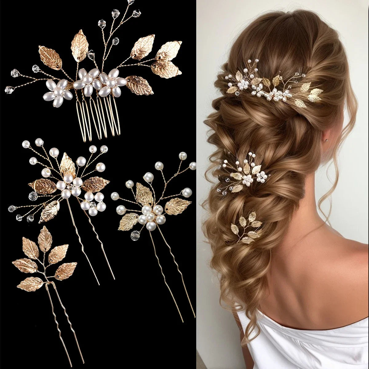 4Pcs Flower Hairpin Set Wedding Side Combs Leaf Shaped Tiaras Bride Hair Clips Jewelry Fashion Headwear for Bridal Party
