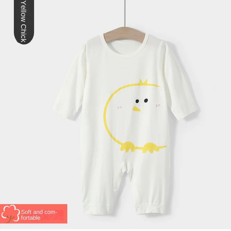Boys and Girls' Pajamas Thin Air-conditioned Clothes Cartoon Animal Print One Piece Thin Long-sleeved Baby Spring and Autumn