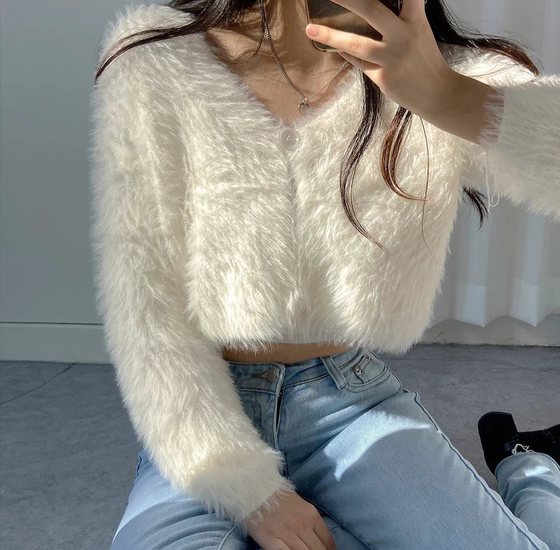 Autumn Winter New Sweet Chic Short Cardigan V-neck Soft Fluffy Sweater Coat Woman  Cropped Cardigan Long Sleeve Top  Y2k Clothes