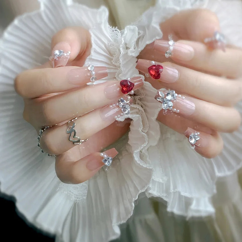 Light Blue Fake Nails Long Ballerina Press on Nails Blue Flower Butterfly Designs Korean Fashion Bride Wedding Charms Nails Art
