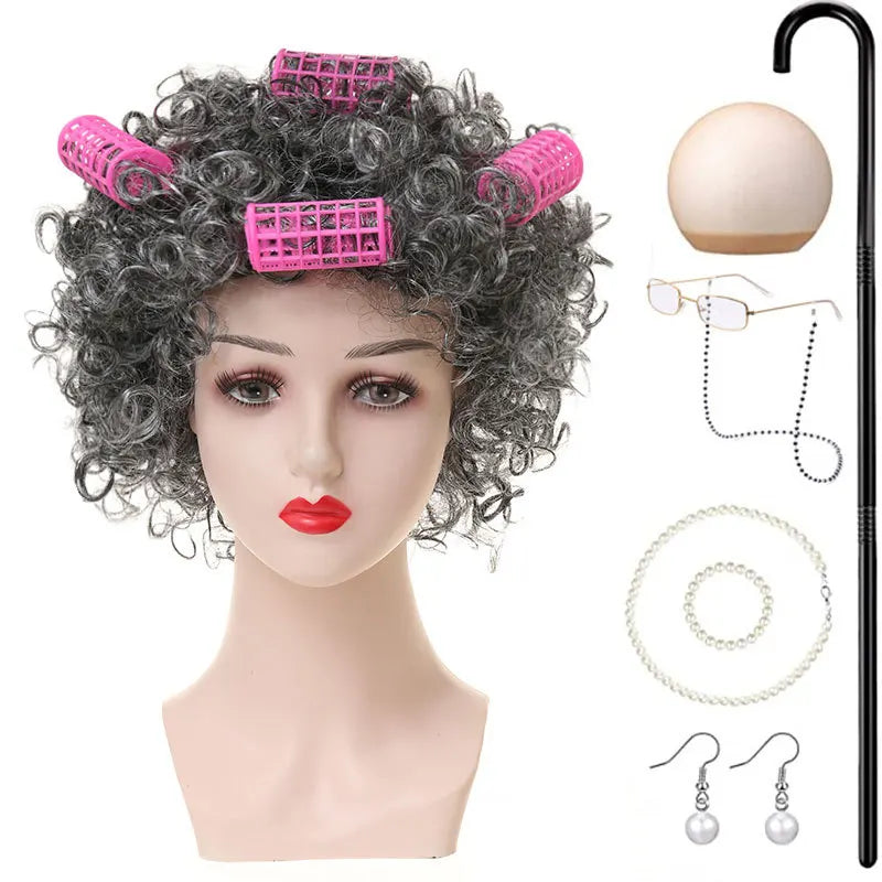 Halloween Granny Granny Grey Wig Grandpa Hair Granny Chartered Woman Curling Iron Wig Set