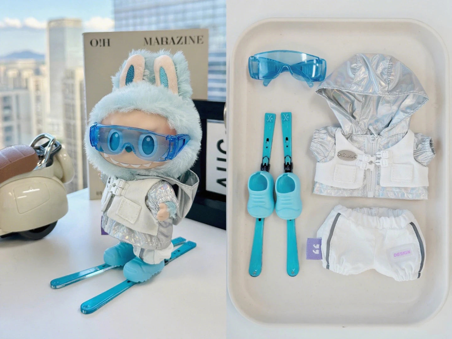 For Labubu 17cm Vintage Trench Coat Skateboard Ski Board 3.0 Doll Ski Clothing Set For Ropa Labubu Dolls Clothing Accessories
