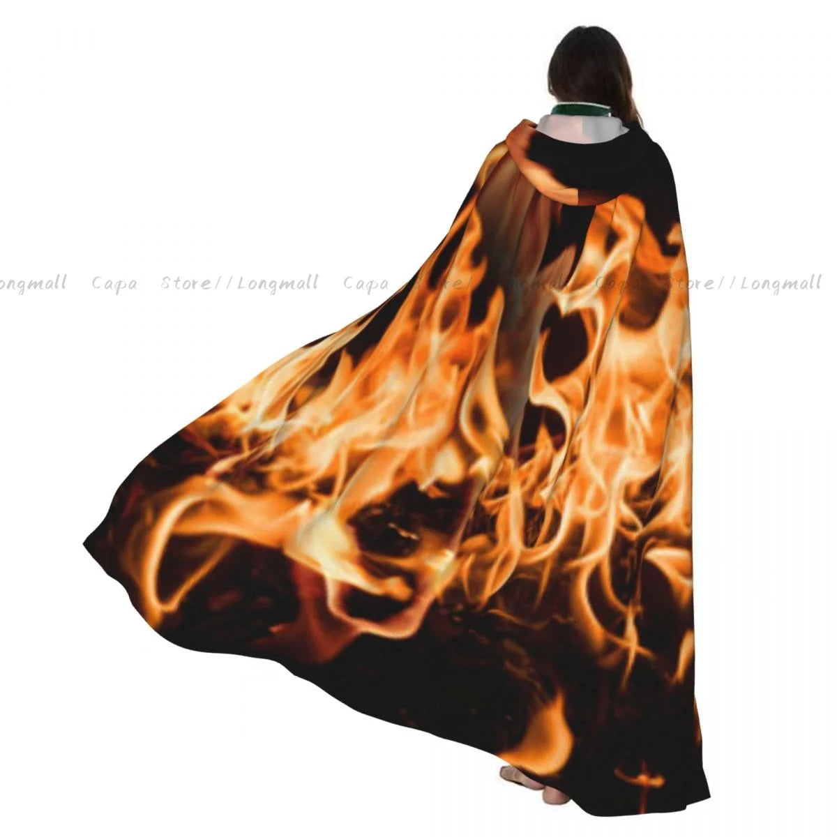 Adult Vampire Cape Hooded Robe Flames Of Fire Background Halloween Cloak Full Length Cosplay