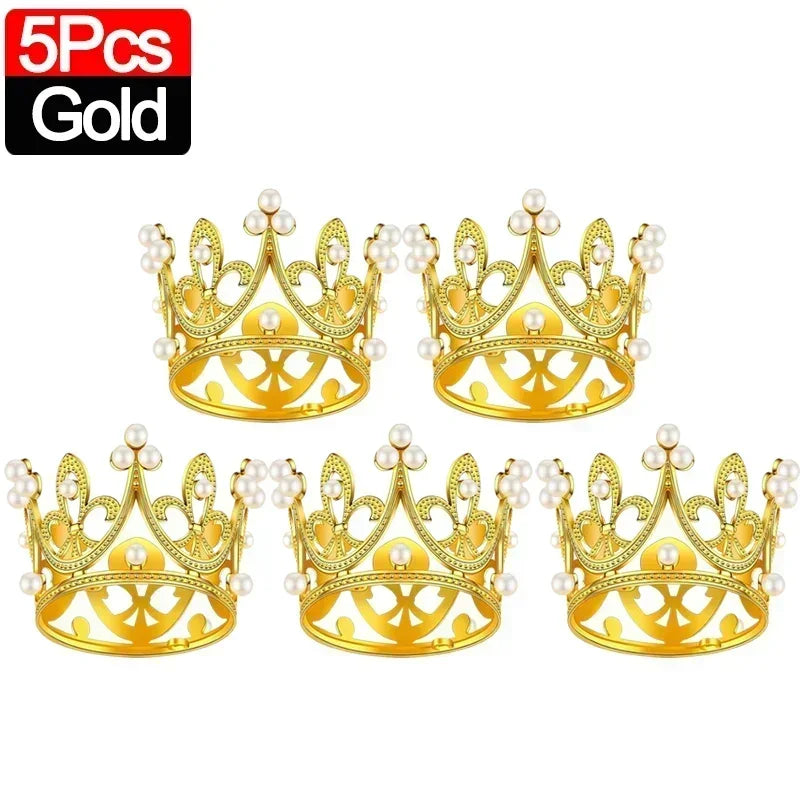 20/1Pcs Mini Crown Cake Decoration Pearl Tiara Gold Silver Crowns Cake Topper for Children Hair Ornaments Wedding Birthday Party