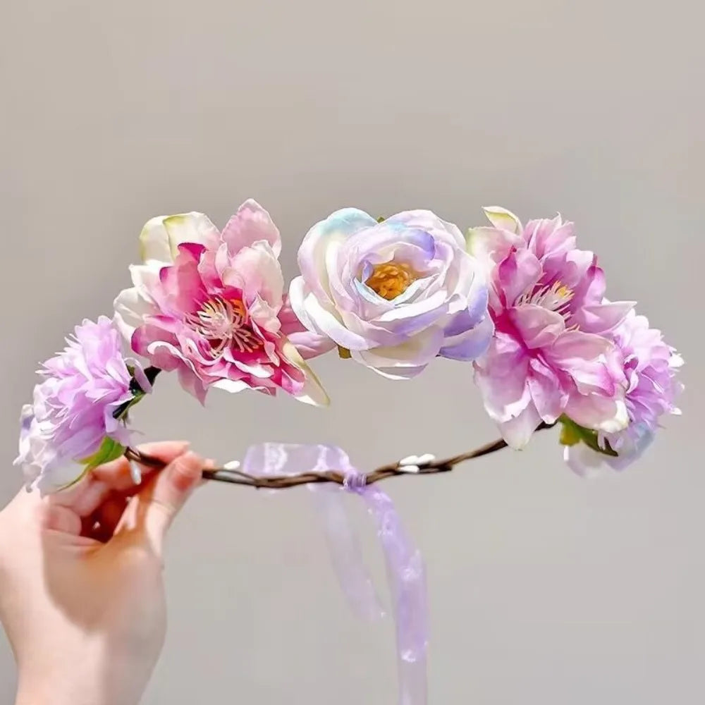 Fascinating Y2k Artificial Flower Fairy Flower Crown with Ribbon Headpiece Flower Headbands Bride Wedding Braided Wreath Women
