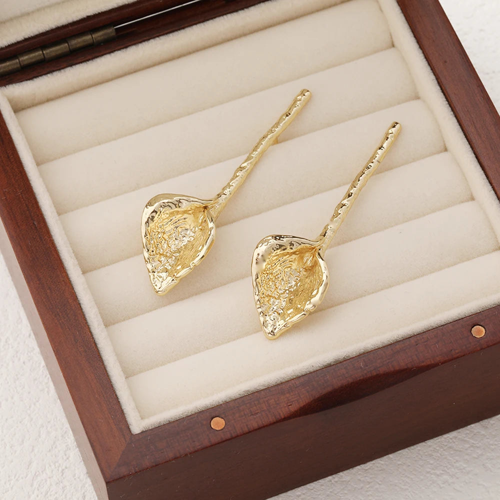 2PCS Dainty Long Flowers Ear Studs Earrings for Jewelry Making Findings DIY Brass 14k Gold Plated 55*16mm Accessories