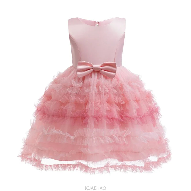 Wed Dress Pink Kids Girls Sleeveless Bow Single Button Coat 2 Piece Satin Set Dresses Tulle Skirt Children Pearl Long Sleeve