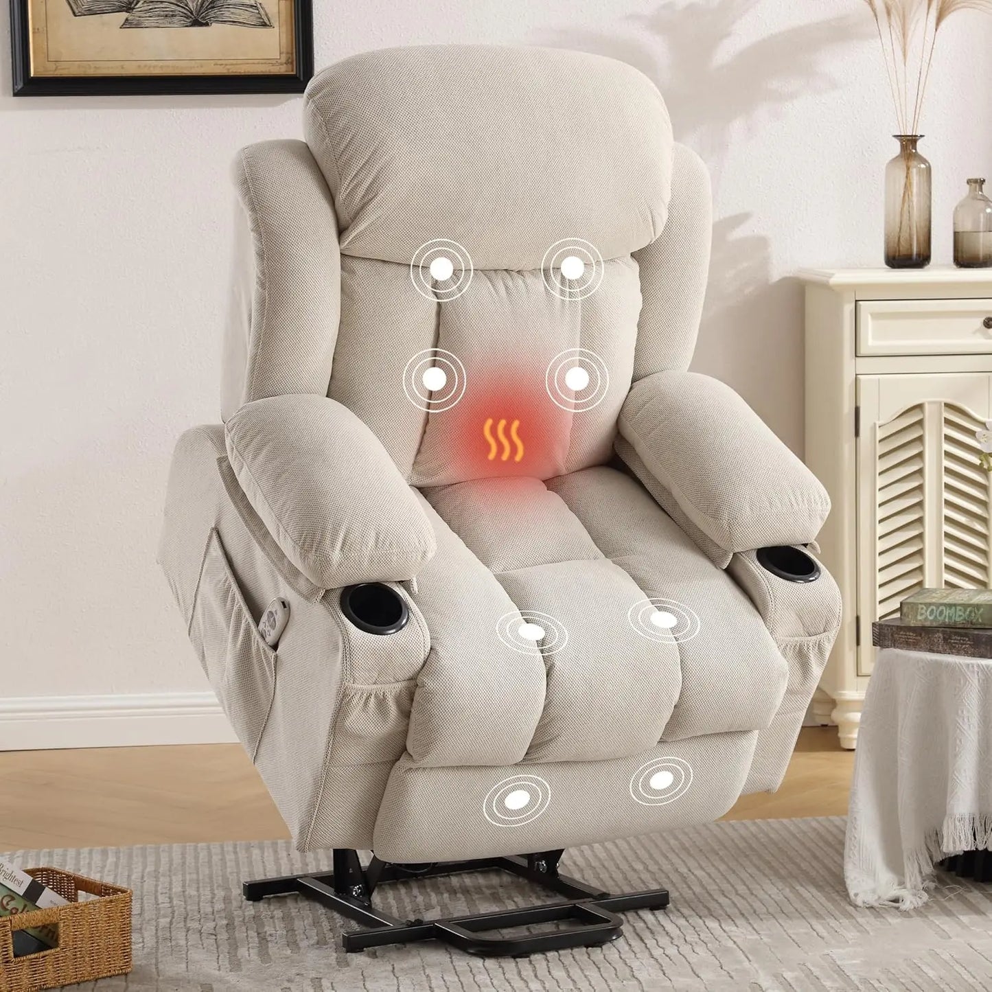 Power Lift Recliner Chair with Heat and Massage Electric Fabric Recliner Chair for Elderly with Side Pocket, USB Charge Port,