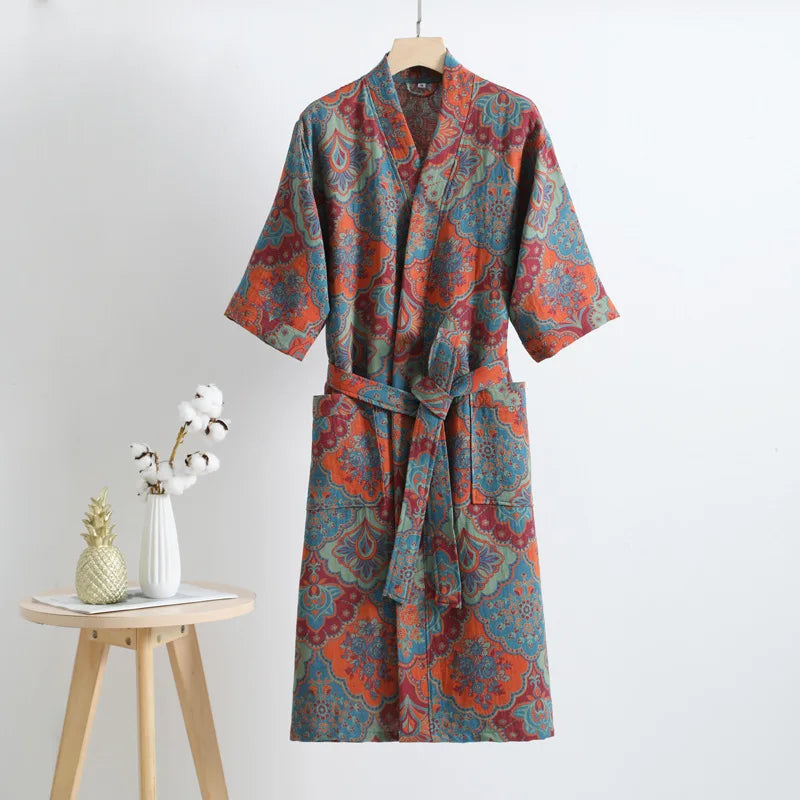 Double Layer Cotton Gauze Long Robe Retro Jacquard Kimono Bathrobe Gown Spring Summer Sleepwear Couple Pijama Loose Lingerie
