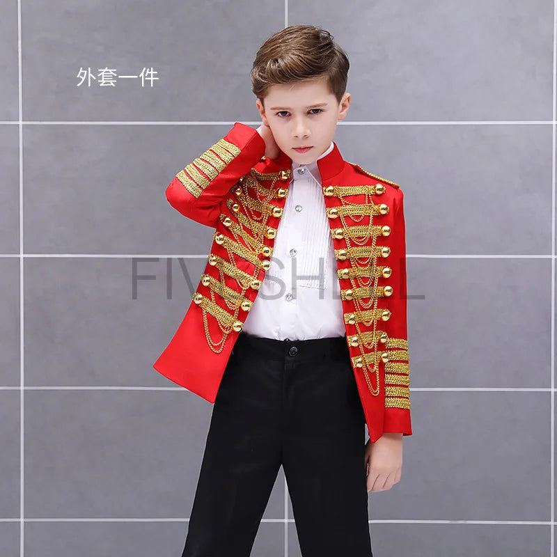 Medieval Steampunk Prince Blazer Costume Military Tassel Chains Cosplay Jacket Shoulder Pad Coat Pop Stage Dacing Tops for Kids