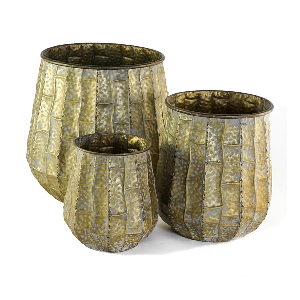Set of 3 Distressed Antique Yellow Metal Planters, 14 in Tall