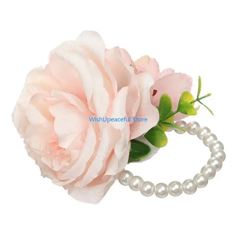 34YA Artificial Rose Wrist Corsage Wristband with Greenery Leaves Wedding Pearls Wristlet Hand Flowers for Women Bride Party