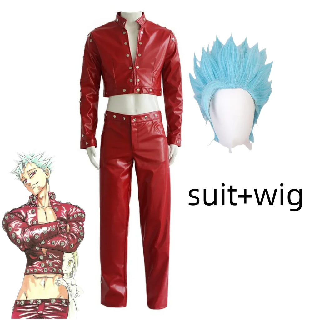 Lyou 2025 Anime Seven Deadly Sins: Wrath of The Gods Ban Cosplay Costume Red PU Coat Pants Wig Adult Man Woman Halloween Ca★★★kk