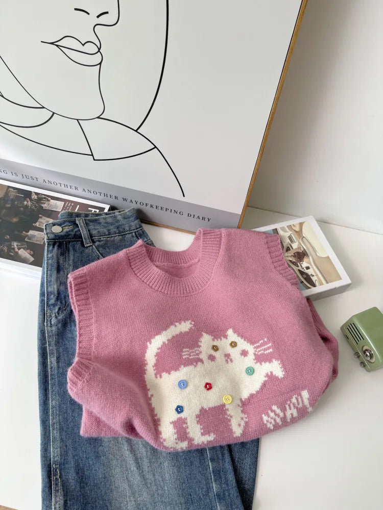 Korean Cute Cat Knitted Sweater Vest For Women 2025 New Colorful Buttons Round Neck Knitwear Loose Casual Versatile Pullovers