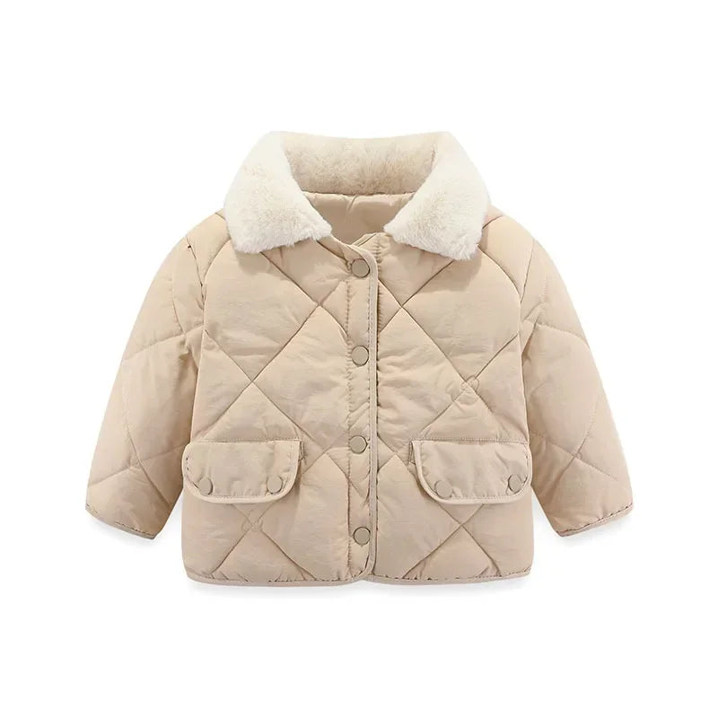 Children's Loose Cotton Clothes 18M-7Y Baby Short Diamond-shaped Lapel Cotton Jacket Boys and Girls Thick Warm Fur Collar Coat