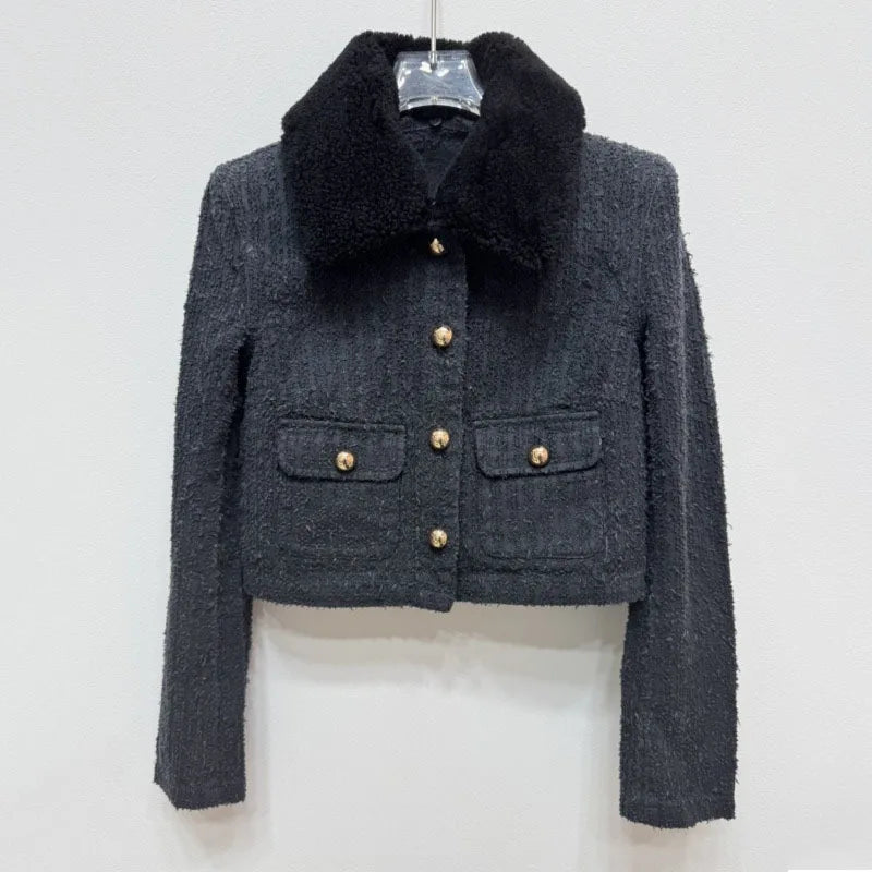 ANJY Autumn Winter New Women Washed Distressed Light Luxury Long Sleeve Fur Collar Denim Jacket Chic Ins High Street Coat A11107