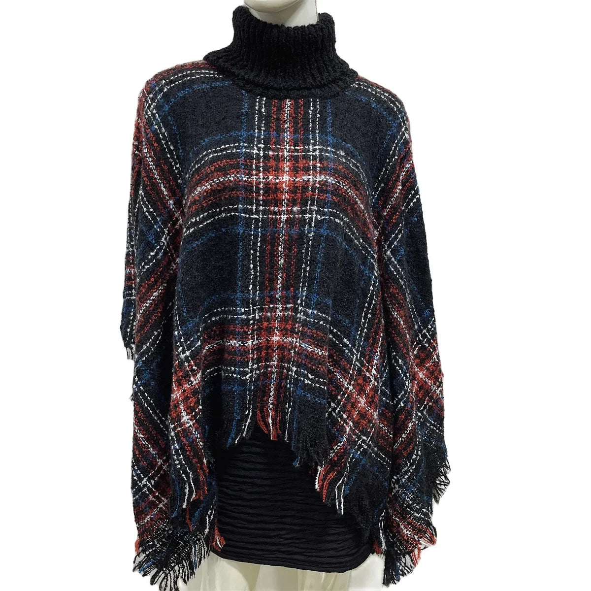 New Women Autumn Winter Striped Knitted Poncho Shawl Sweater Overcoat Streetwear Thick Warm High Neck Loose Knitwear Long Coat