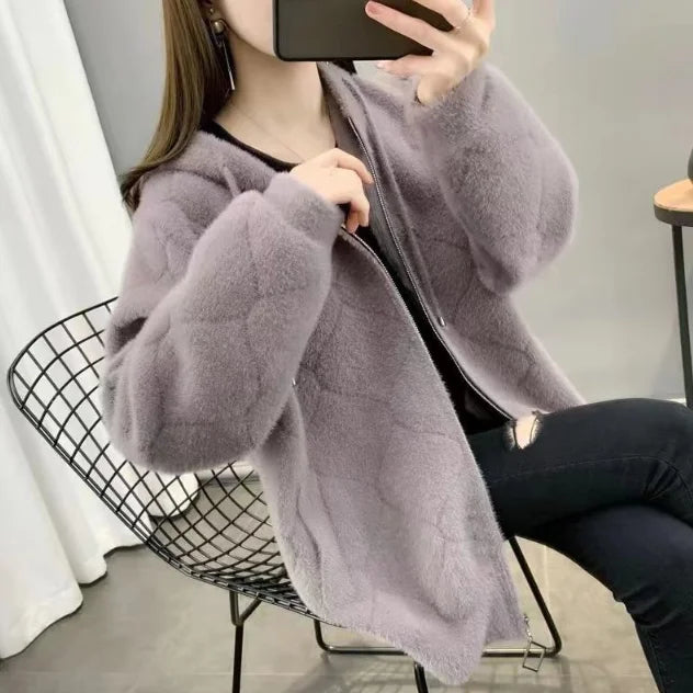 Women's Knitted Sweater Coat Zipper Cardigan Coat Urban Minimalist Mink Fur Coat Open Front Round Neck Long Sleeve Cardigan Top
