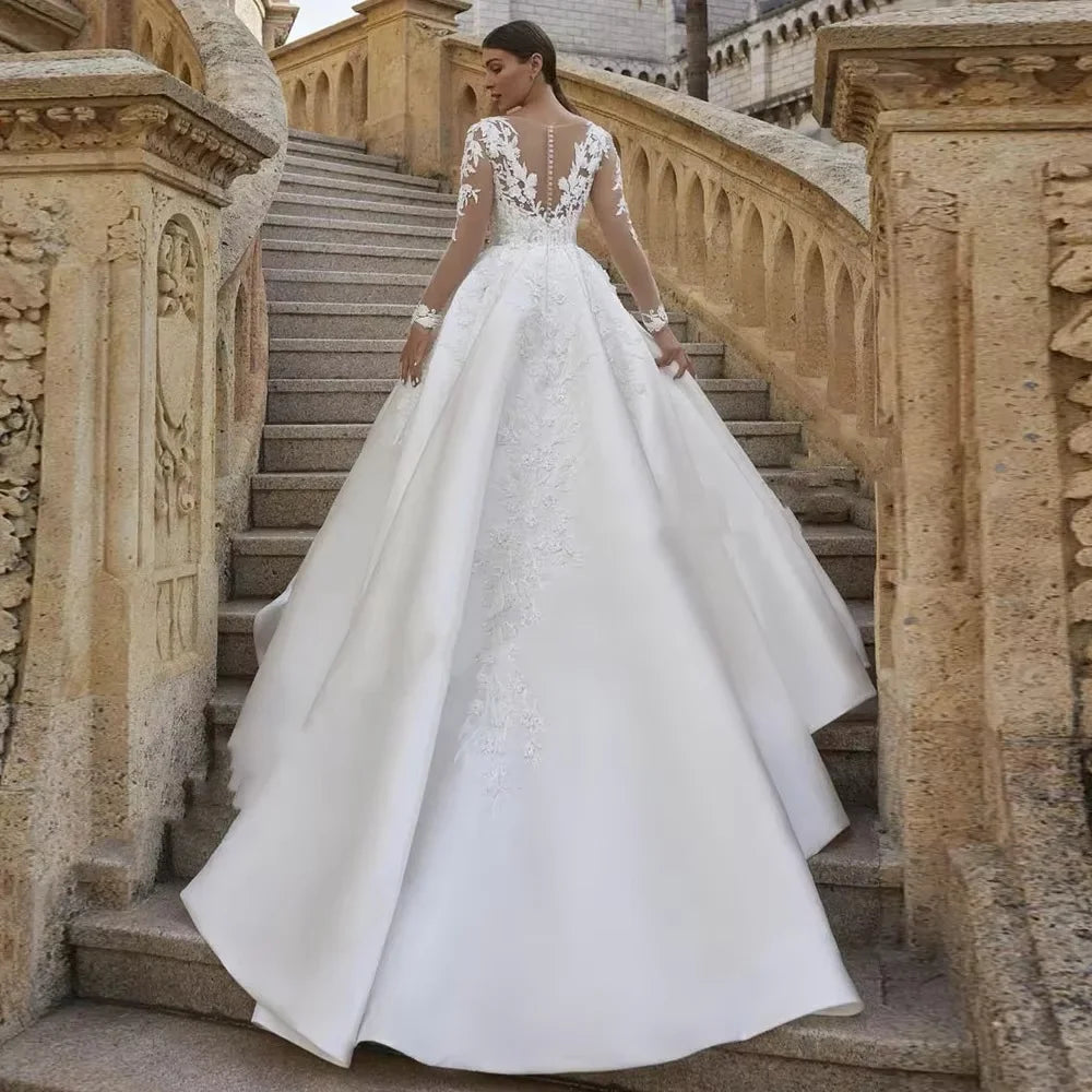 Elegant Satin Lace Applique Wedding Dress Long Sleeves Scoop Neck Back Buttons Bridal Gown for Women