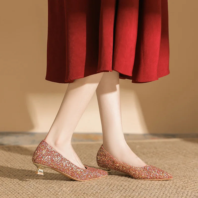 Size 34-41 Red Low Heels Women's Stiletto Heel Wedding Shoes Women Pointed Toe Fashion Sexy Elegant Bride Pumps Gold