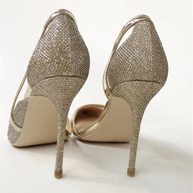 Veowalk 12cm 10cm Gold Glitter Women Sexy D'Orsay High Heels Ladies Bride Wedding Shoes Shiny Sparkle Pointed Toe Stiletto Pumps