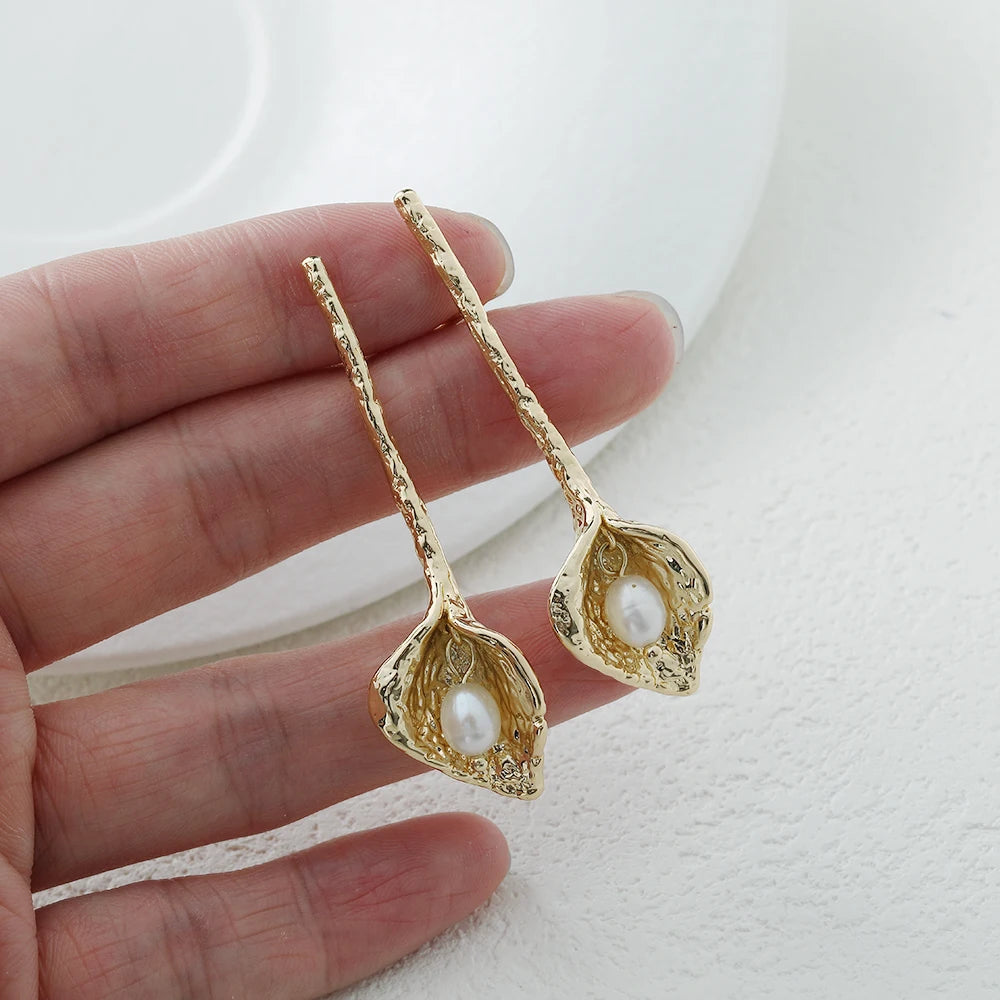 2PCS Dainty Long Flowers Ear Studs Earrings for Jewelry Making Findings DIY Brass 14k Gold Plated 55*16mm Accessories