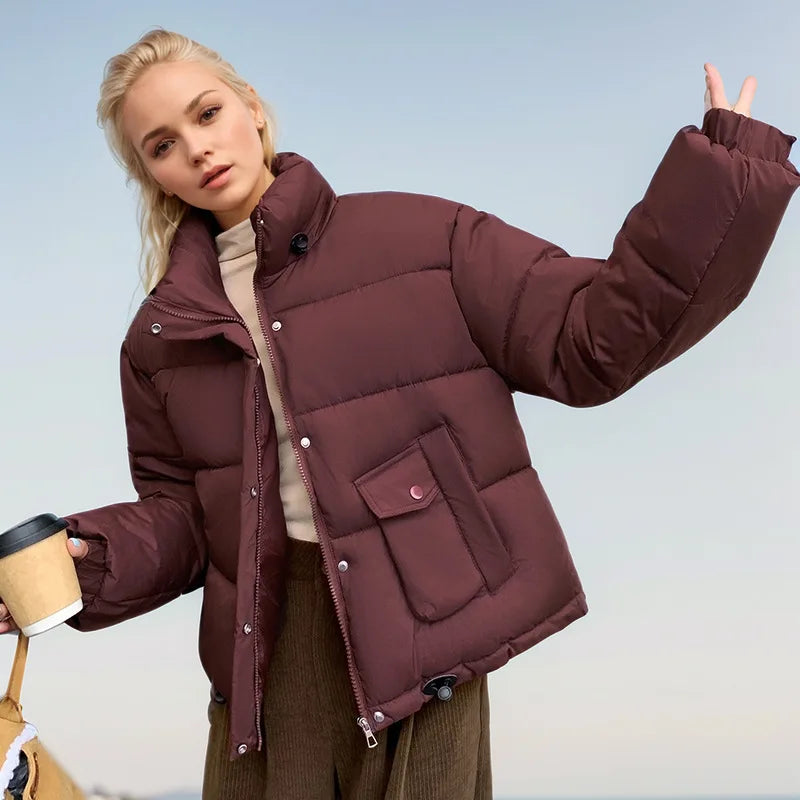 Women's Winter Parka Coat  Pure Color Stand Collar Patchwork Elastic Cuffs Lady's Quilted Jacket  Korean-Style Jacket For Female