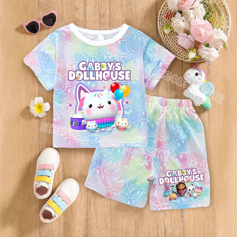 2pcs Gabby Dollhouse Sets Summer Breathable Sweat Absorbent Kids Clothes Baby Girls Kawaii anime Smile Short Sleeve Thin Suit