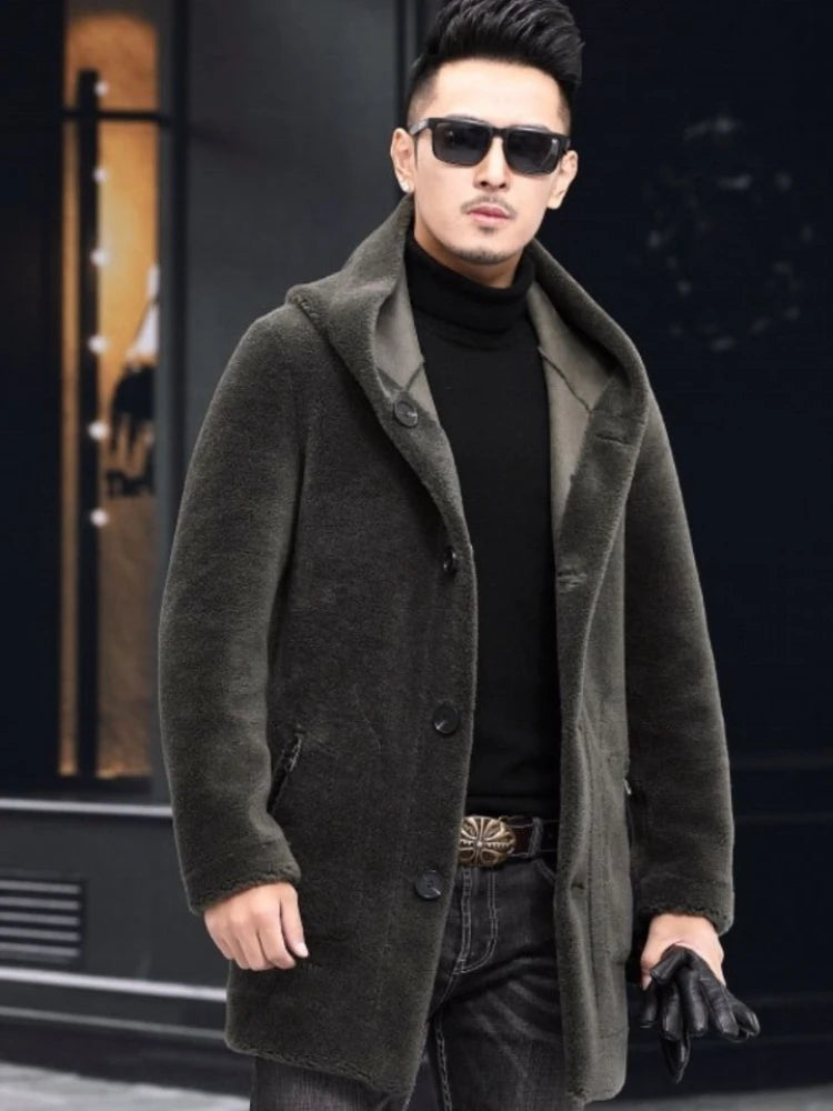 Men Winter Long Casual Thick Fleece Hooded Waterproof Jacket Male Real Fur Wool Coat  Outwear Vintage Clothing   G436