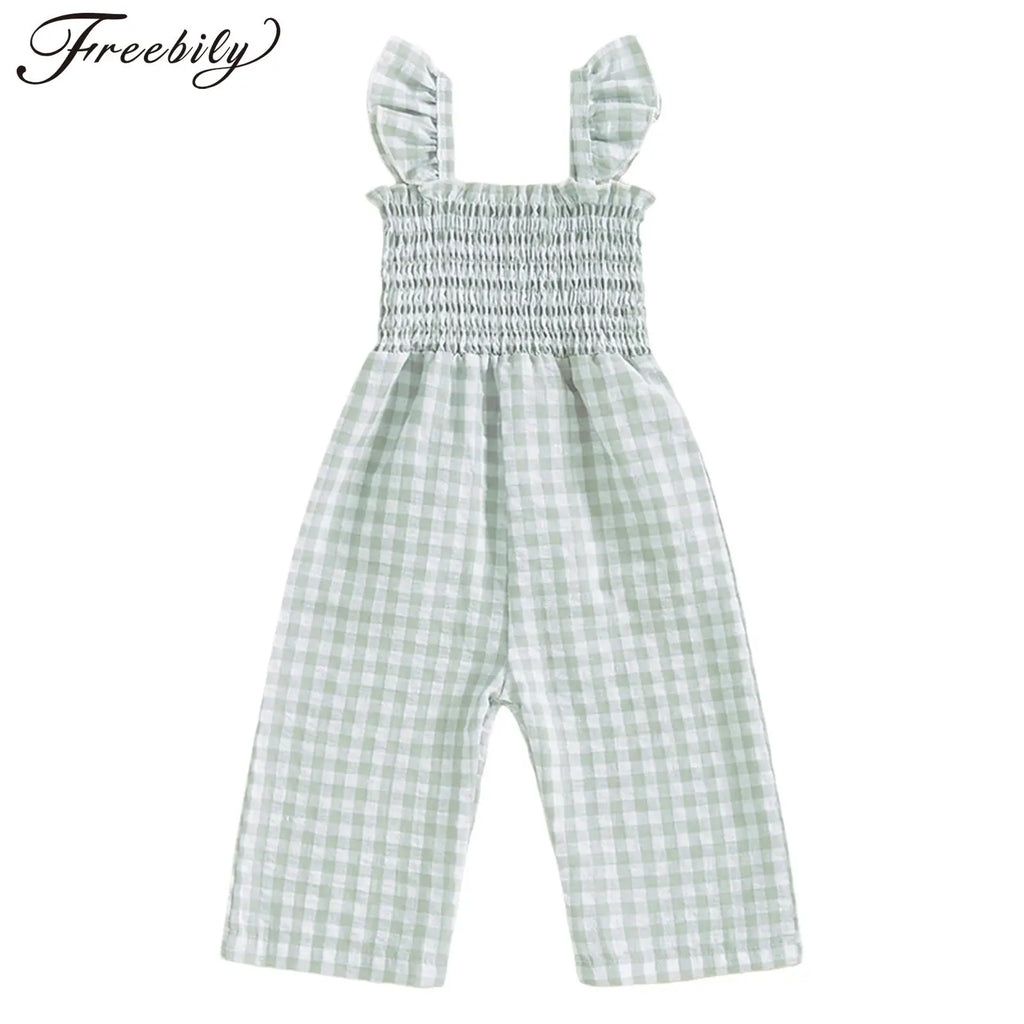 Toddler Baby Girls Summer Clothes Sweet Plaid Bodysuit Fly Sleeves Smocked Rompers Wide Leg Jumpsuit Holiday Party Daily Wear