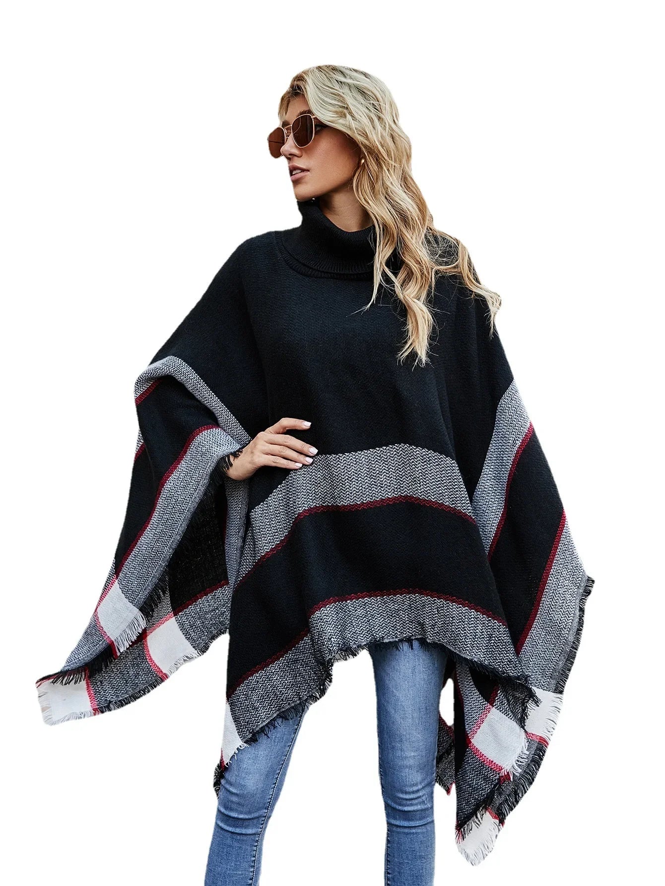 New Women Autumn Winter Striped Knitted Poncho Shawl Sweater Overcoat Streetwear Thick Warm High Neck Loose Knitwear Long Coat