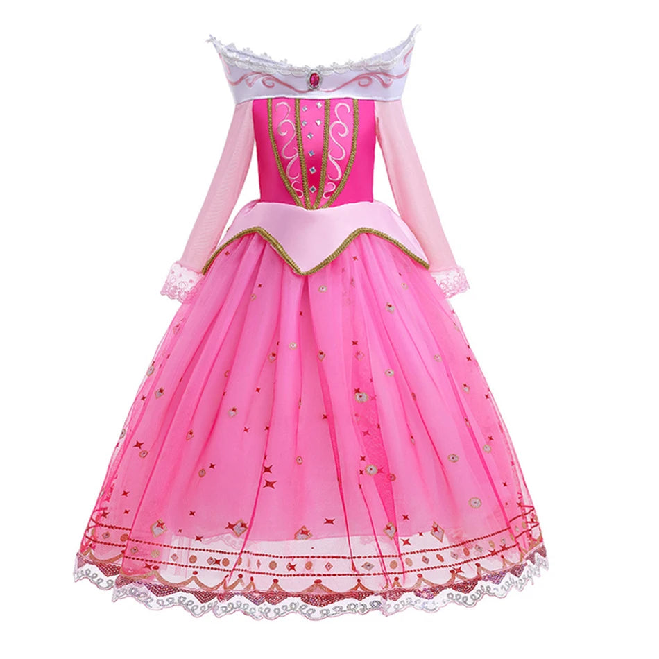 Sleeping Beauty Costume for Girls Aurora Dress Long Sleeves Off Shoulder Kids Halloween Christmas Fancy Party Princess Clothing