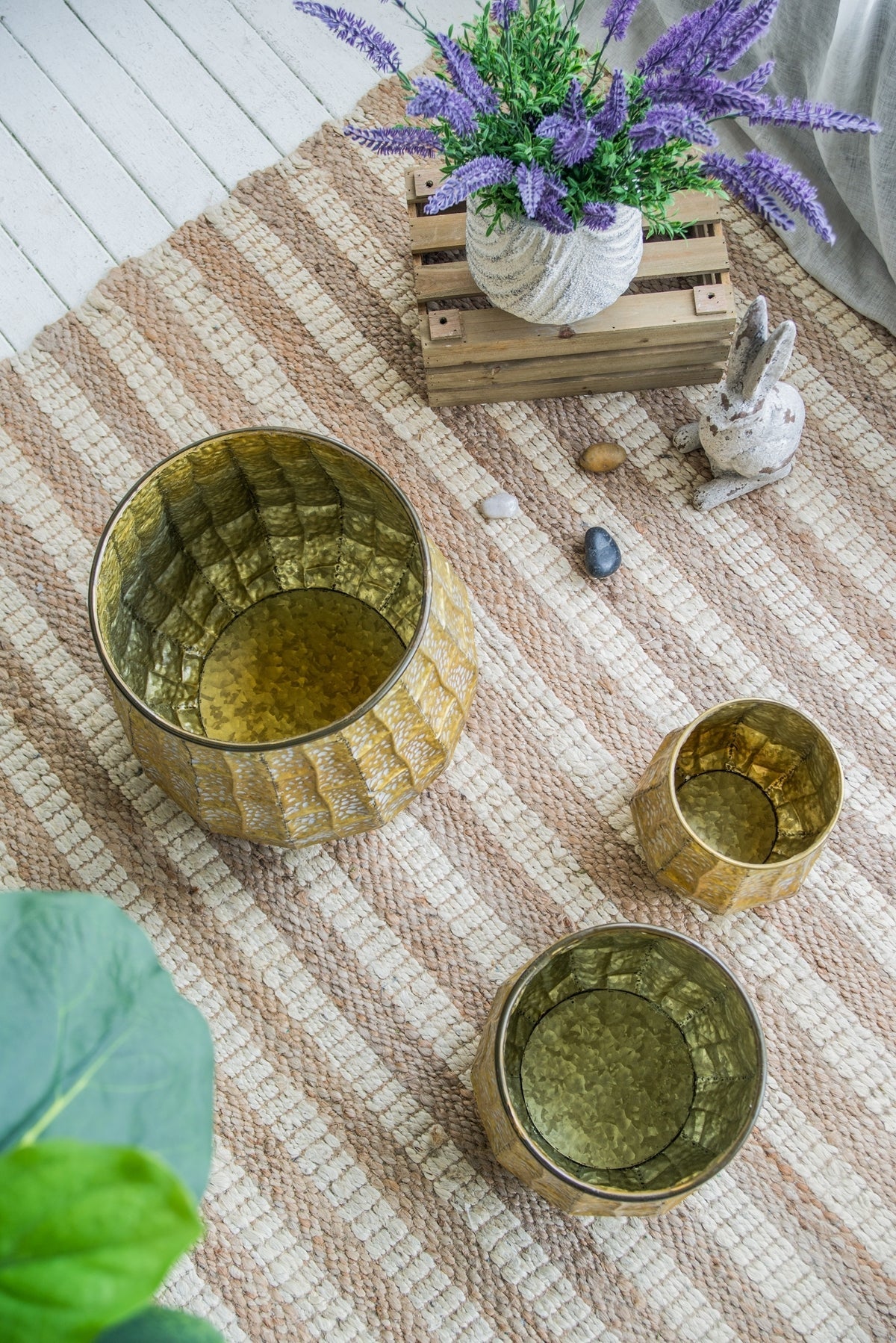 Set of 3 Distressed Antique Yellow Metal Planters, 14 in Tall