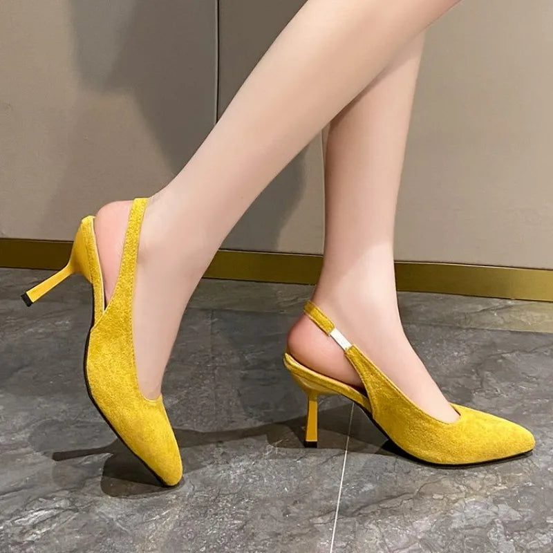 French Style Women's High Heels 2025 Summer New Elegant Faux Suede Leather Pointed Sexy Party Sandals Single Shoes Plus Size 43