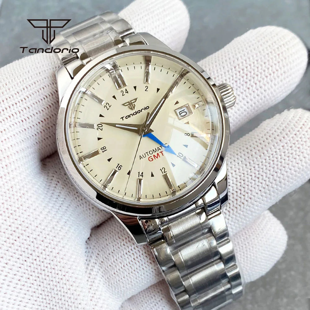 Tandorio Custom NH34 40mm Automatic Watch Double Domed Sapphire Date GMT Polished Dive Wristwatch for Men 20BAR Transparent Back