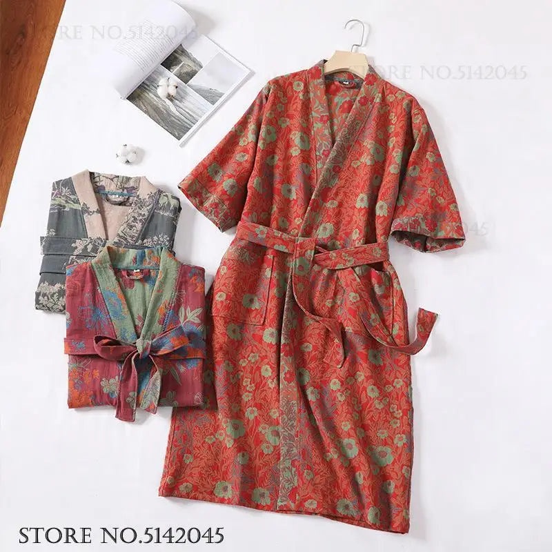 Double Layer Cotton Gauze Long Robe Retro Jacquard Kimono Bathrobe Gown Spring Summer Sleepwear Couple Pijama Loose Lingerie