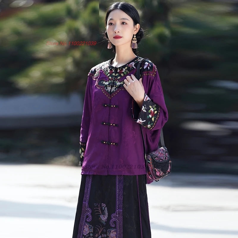 2025 traditional chinese vintage coat national flower embroidery hanfu tops retro o-neck ethnic jacket satin jacquard folk coat