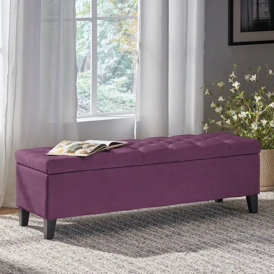 Purple Velvet Storage Ottoman - Button-Tufted Bed Bench w/Hidden Compartment, Modern Bedroom & Living Room Decor