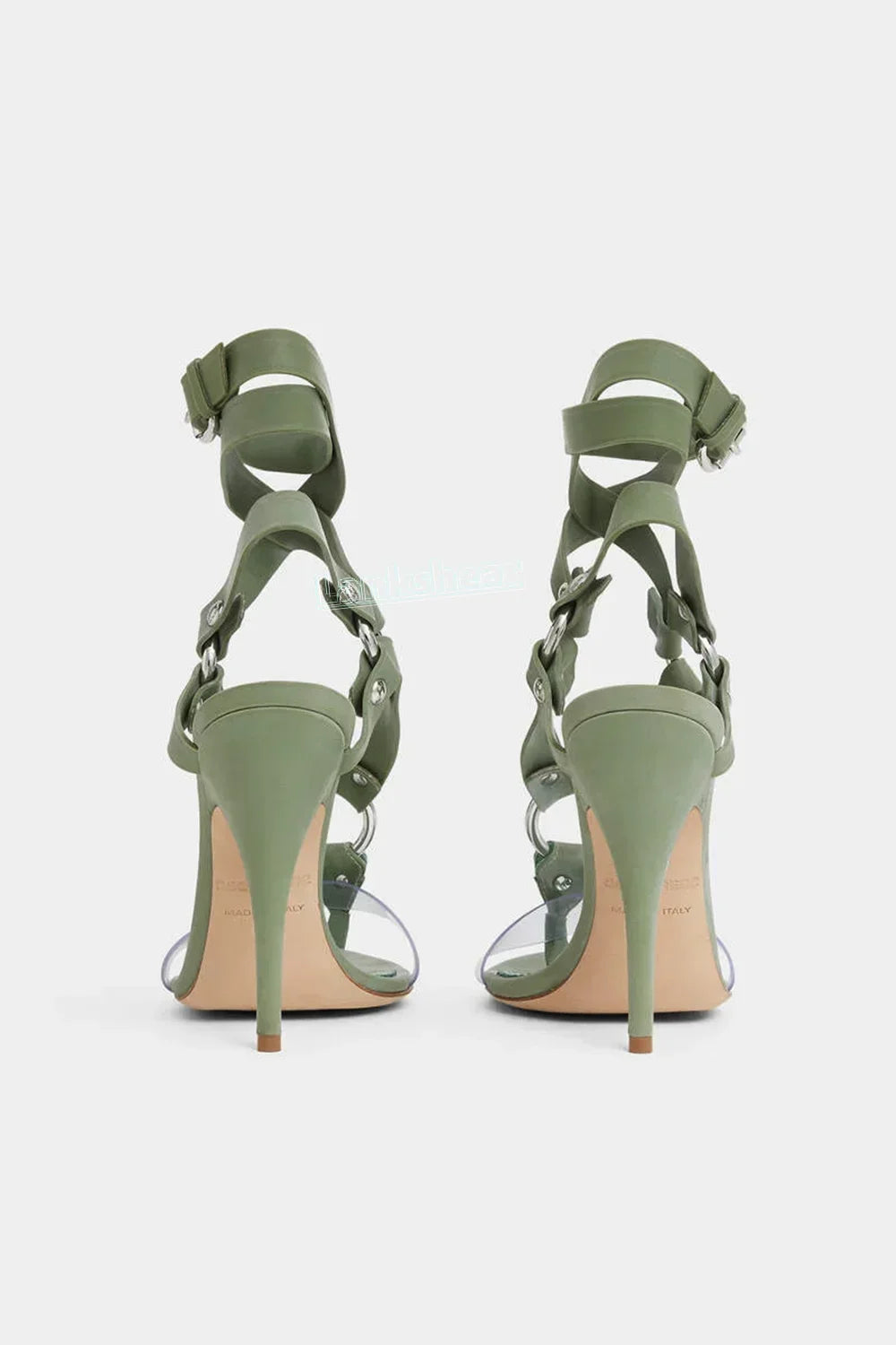 Green T-strap PVC Women Sandals Ankle Lace-up Split-toe Round Open Toe Thin High Heels O-ring Detail Solid Summer Shoes Dress