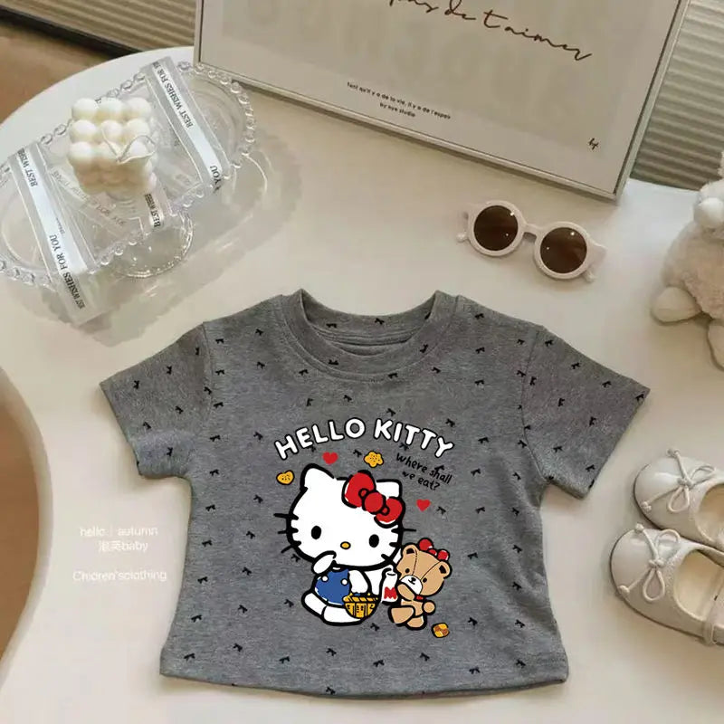 2025 Hello Kitty Anime Kawaii Sanrio Ins Fashion Summer Shirt Cute Printed Kt Cat Casual Hoodie Clothes Baby Gifts Toys