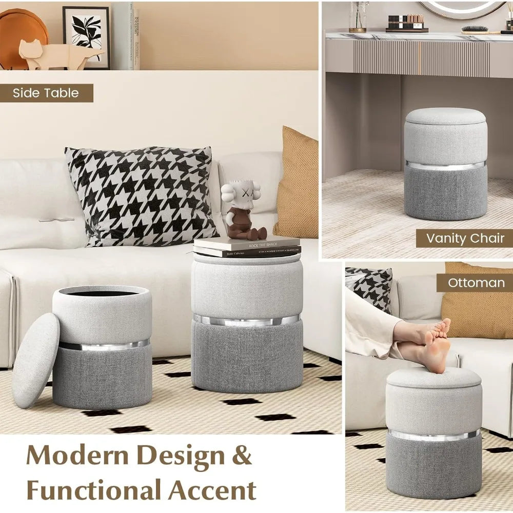 Storage Ottoman Set of 2, Modern Round Ottoman with Storage, Upholstered Linen Fabric Footrest with Sliver Hoop, Vanity