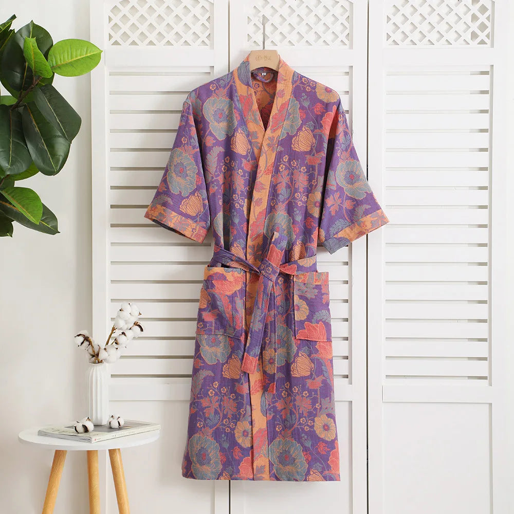 Double Layer Cotton Gauze Long Robe Retro Jacquard Kimono Bathrobe Gown Spring Summer Sleepwear Couple Pijama Loose Lingerie