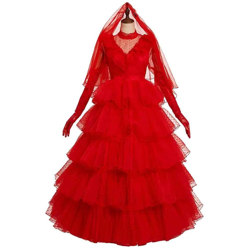 New 2025 Beetle Cosplay Juice Costume Lydia Red Wedding Dress Outfits Women Retro Long Sleeve Lace Tulle Bride Gown Hallo eqs9X