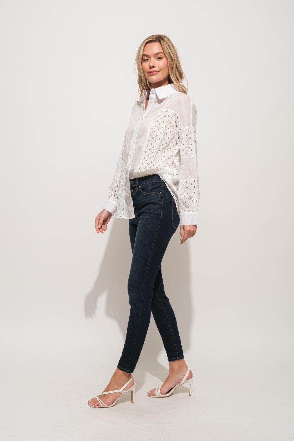And The Why Eyelet Long Sleeve Button Down Shirt Chic
