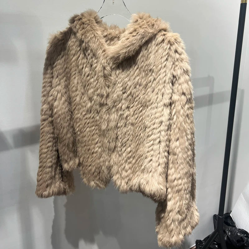 Real Fur Coat Women Korean Fashion Winter Natural Rabbit Hair Hand-Woven Hooded Jacket Female Lazy Loose Short White Ropa Mujer