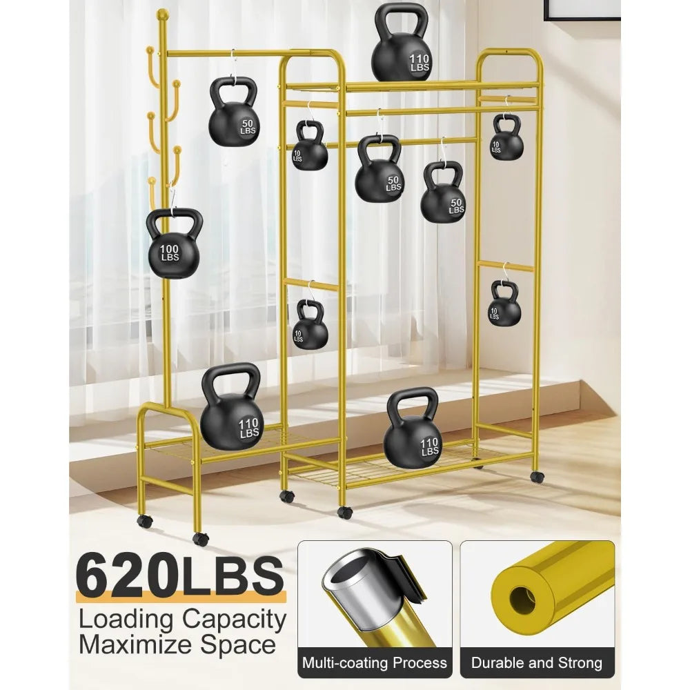 Heavy Duty 3-in-1 Portable Garment Rack with Coat Hooks and Shelves, Holds 620lbs
