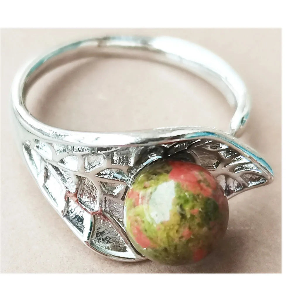 Jaspe Howlite Crystal Aventurine Tiger Eye Blue Sand Carnelian Malachite Lapis Lazuli Howlite Goldstone Leaf Bead Ring  PWB921